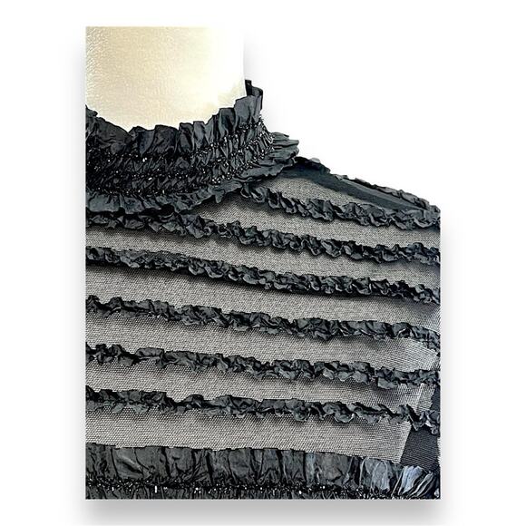 TADASHI Neiman Marcus Sheer Black Mini Ruffle Black Sparkle Cap Sleeve Top 8 - Picture 8 of 16